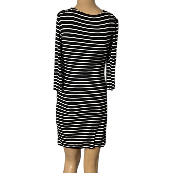 Le Château,faux wrap B&W dress S, NEW! surplice striped,pleats,ruching,stretchy - Picture 5 of 13